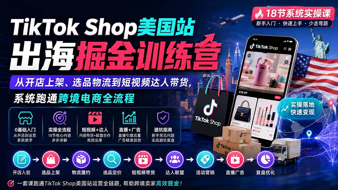 TikTok Shop美国站出海掘金训练营：从开店上架、选品物流到短视频达人带货，系统跑通跨境电商全流程 - 87副业网