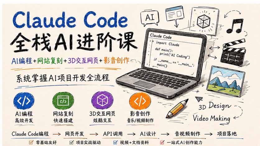 Claude Code全栈AI进阶课-更新;AI编程+网站复刻+3D交互网页+影音创作,系统掌握AI项目开发全流程