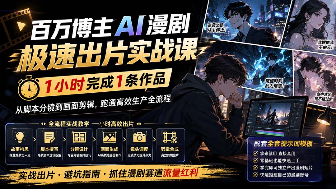 百万博主AI漫剧极速出片实战课：1小时产出条作品，从脚本分镜到画面剪辑，跑通高效生产全流程 - 87副业网