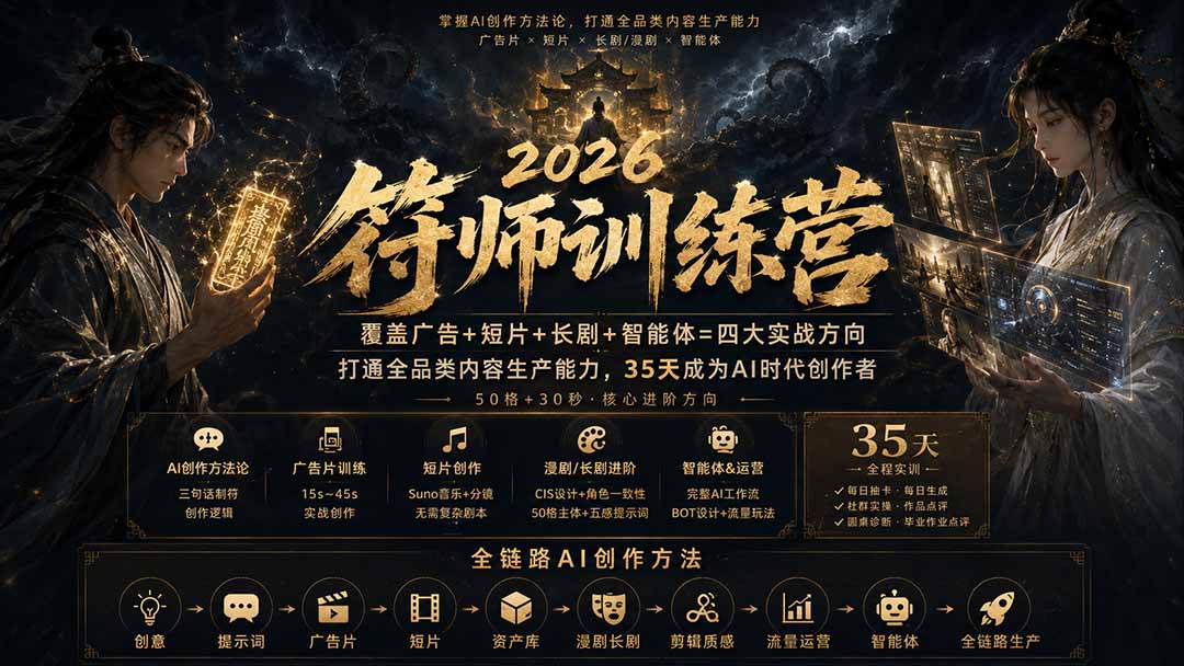 符师训练营-35天成为AI时代创作者,广告+短片+漫剧+智能体四大实战方向,掌握从创意到上线的完整工作流
