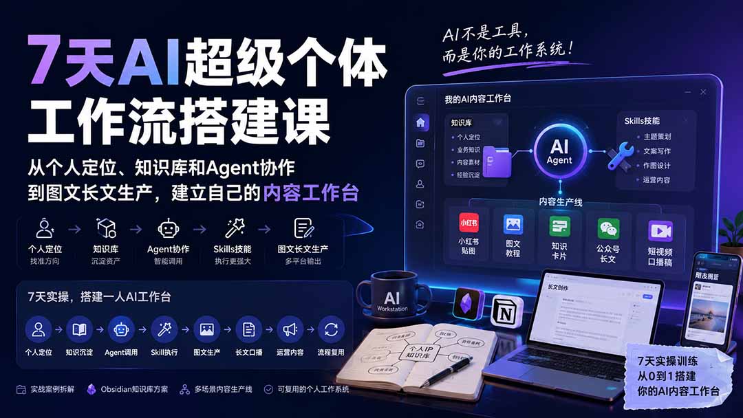 7天AI超级个体工作流搭建课：从个人定位、知识库和Agent协作到图文长文生产，建立自己的内容工作台 - 87副业网