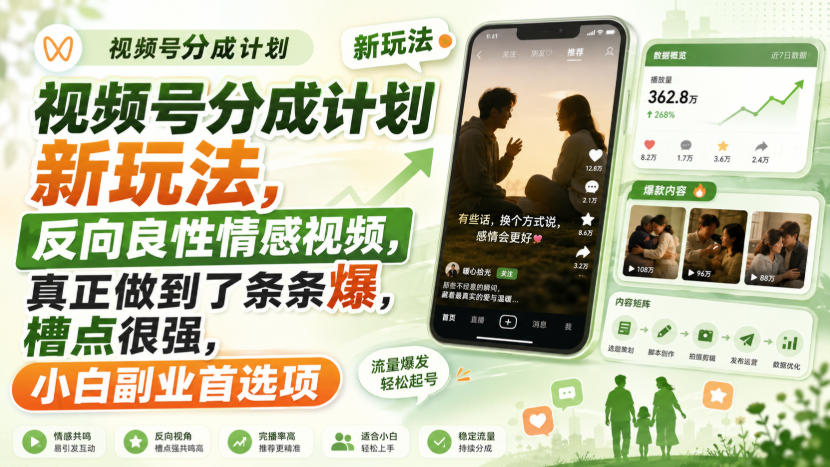 视频号分成计划新玩法，反向良性情感视频，真正做到了条条爆，槽点很强，小白副业首选项 - 87副业网