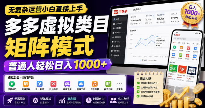 无复杂运营小白直接上手，多多虚拟类目矩阵模式，普通人轻松日入1000+【揭秘】 - 87副业网
