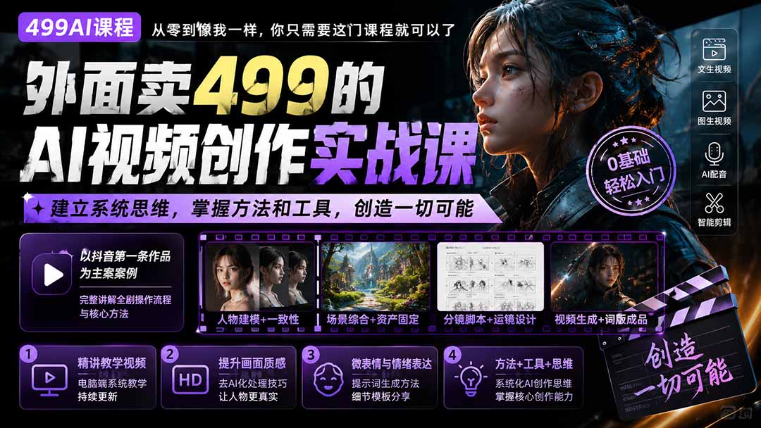 外面卖499的AI视频创作实战课：建立系统思维，掌握方法和工具，创造一切可能。 - 87副业网