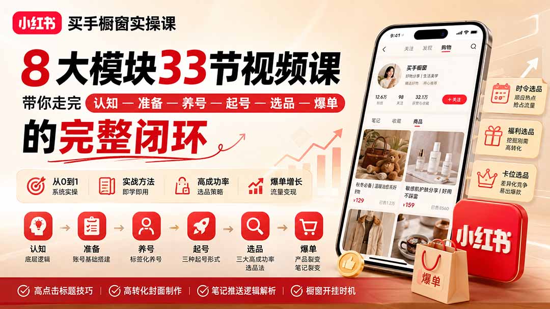 小红书买手橱窗实操课：8大模块33节视频课，带你走完”认知—准备—养号—起号—选品—爆单”的完整闭环 - 87副业网