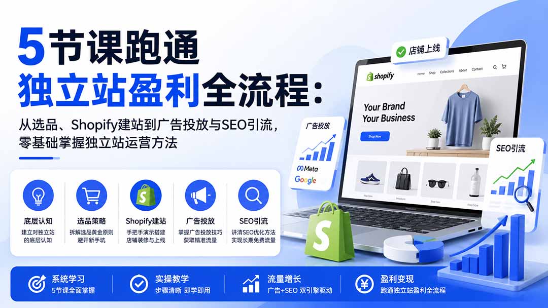 5节课跑通独立站盈利全流程：从选品、Shopify建站到广告投放与SEO引流，零基础掌握独立站运营方法 - 87副业网