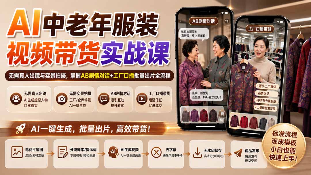 AI中老年服装视频带货实战课：无需真人出镜与实景拍摄，掌握AB剧情对话+工厂口播批量出片全流程-87副业网 - 互联网副业项目资源分享平台