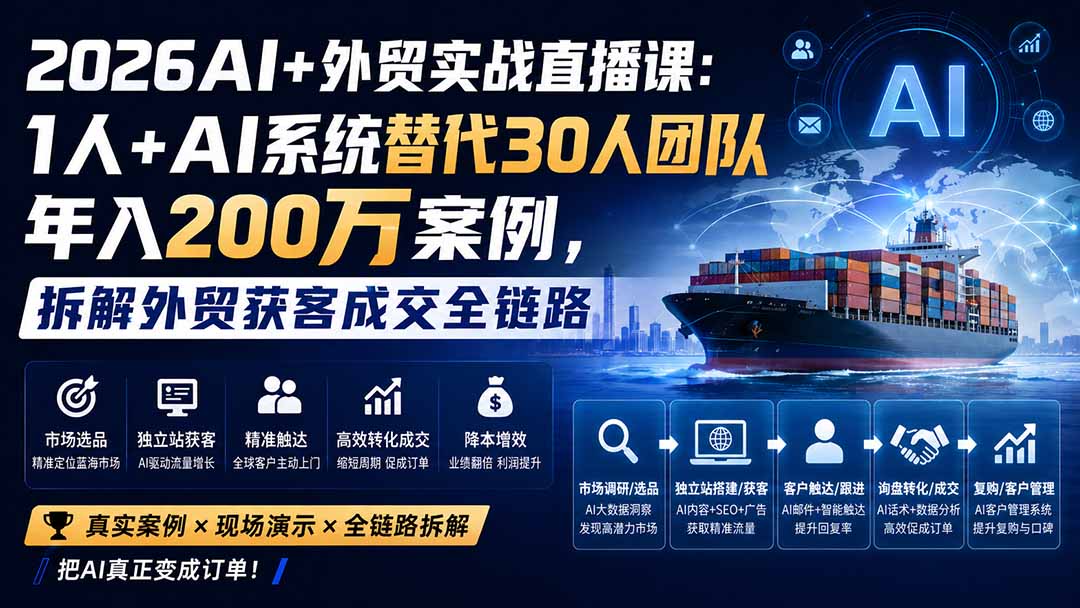 2026AI+外贸实战直播课：1人+AI系统替代30人团队年入200万案例，拆解外贸获客成交全链路 - 87副业网
