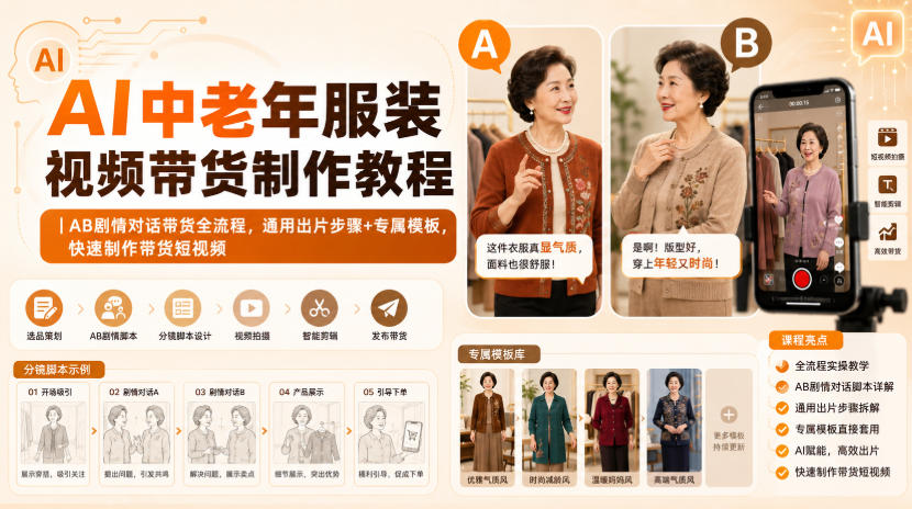 AI中老年服装视频带货制作教程｜AB剧情对话带货全流程，通用出片步骤+专属模板，快速制作带货短视频 - 87副业网