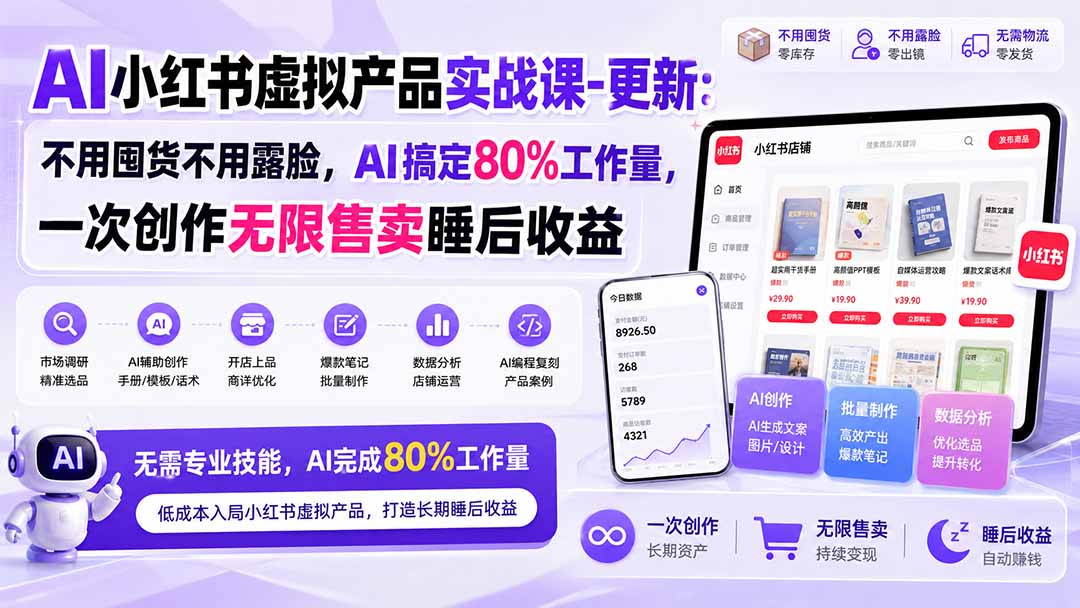 AI小红书虚拟产品实战课-更新：不用囤货不用露脸，AI搞定80%工作量，一次创作无限售卖睡后收益 - 87副业网