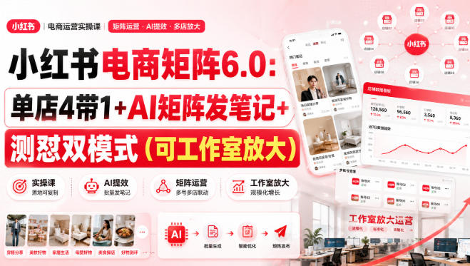 小红书电商矩阵6.0：单店4带1+AI矩阵发笔记+测怼双模式(可工作室放大) - 87副业网