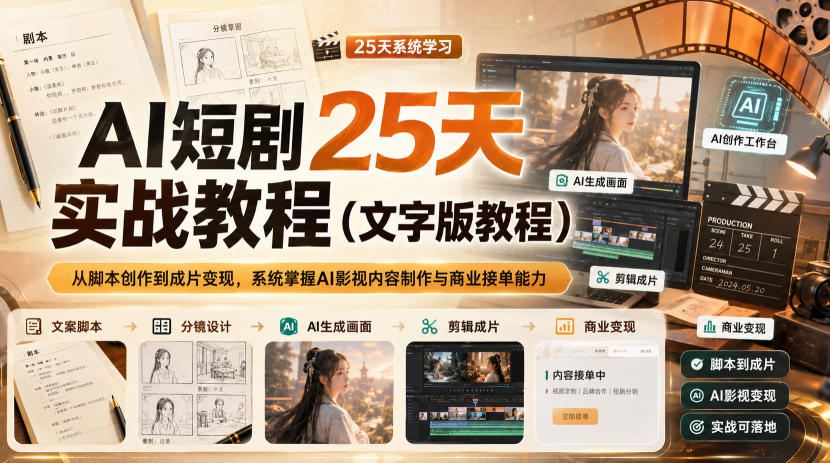 AI短剧25天实战教程(文字版教程)，从脚本创作到成片变现，系统掌握AI影视内容制作与商业接单能力 - 87副业网