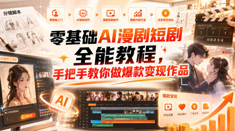 零基础AI漫剧短剧全能教程，从AI智能体搭建、文案脚本分镜、多平台AI生视频、剪映精修，覆盖全题材创作，手把手教你做爆款变现作品 - 87副业网