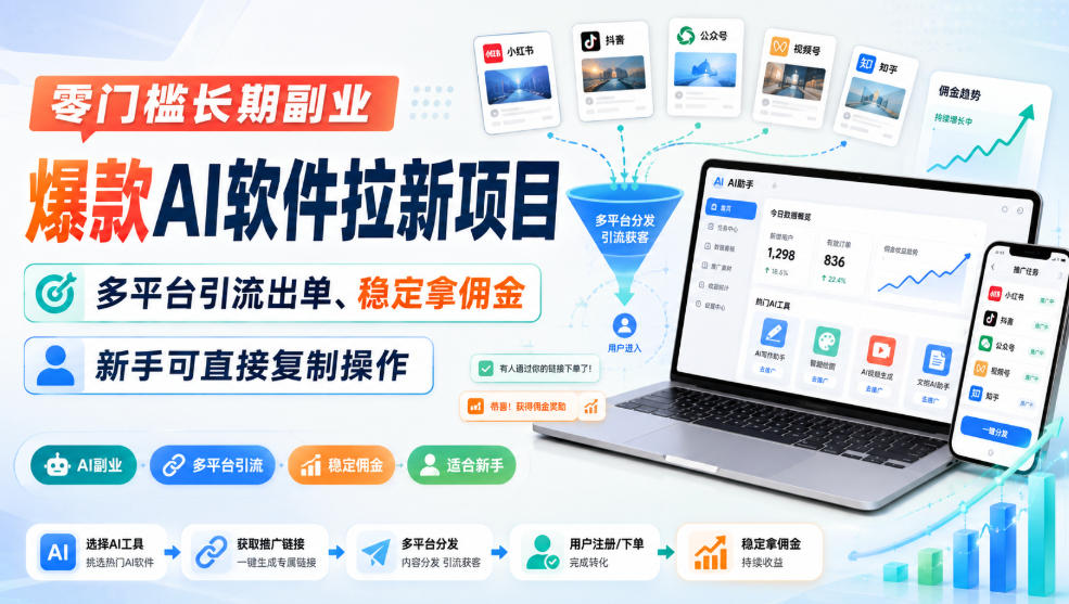 零门槛长期副业，爆款AI软件拉新项目，多平台引流出单、稳定拿佣金，新手可直接复制操作-87副业网 - 互联网副业项目资源分享平台