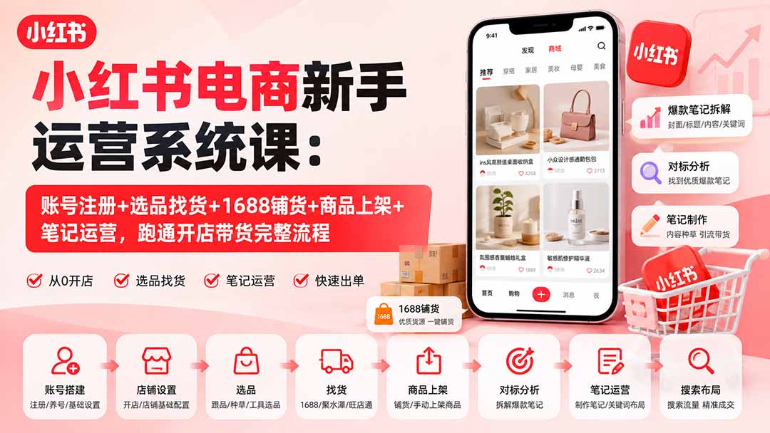 小红书电商新手运营系统课：账号注册+选品找货+1688铺货+商品上架+笔记运营，跑通开店带货完整流程 - 87副业网