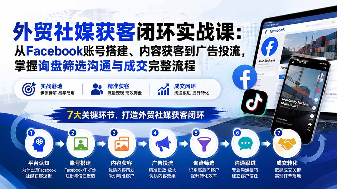 外贸社媒获客闭环实战课：从Facebook账号搭建、内容获客到广告投流，掌握询盘筛选沟通与成交完整流程-87副业网 - 互联网副业项目资源分享平台