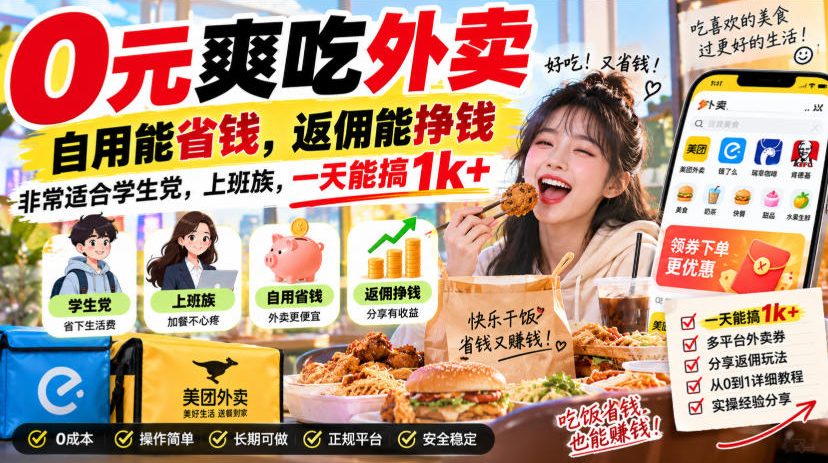 0元爽吃外卖，自用能省钱，返佣能挣钱，非常适合学生党，上班族，一天能搞1k+ - 87副业网