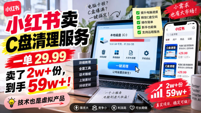 小红书卖C盘清理服务，一单29.99，卖了2w+份，技术也是虚拟产品 - 87副业网