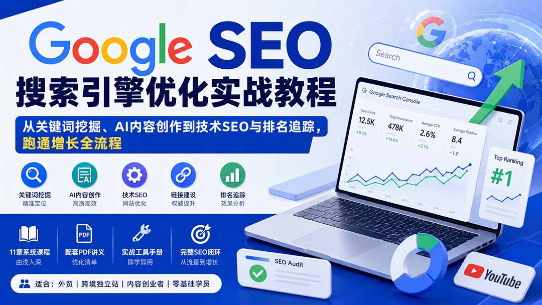 Google SEO搜索引擎优化实战教程：从关键词挖掘、AI内容创作到技术SEO与排名追踪，跑通增长全流程-87副业网 - 互联网副业项目资源分享平台