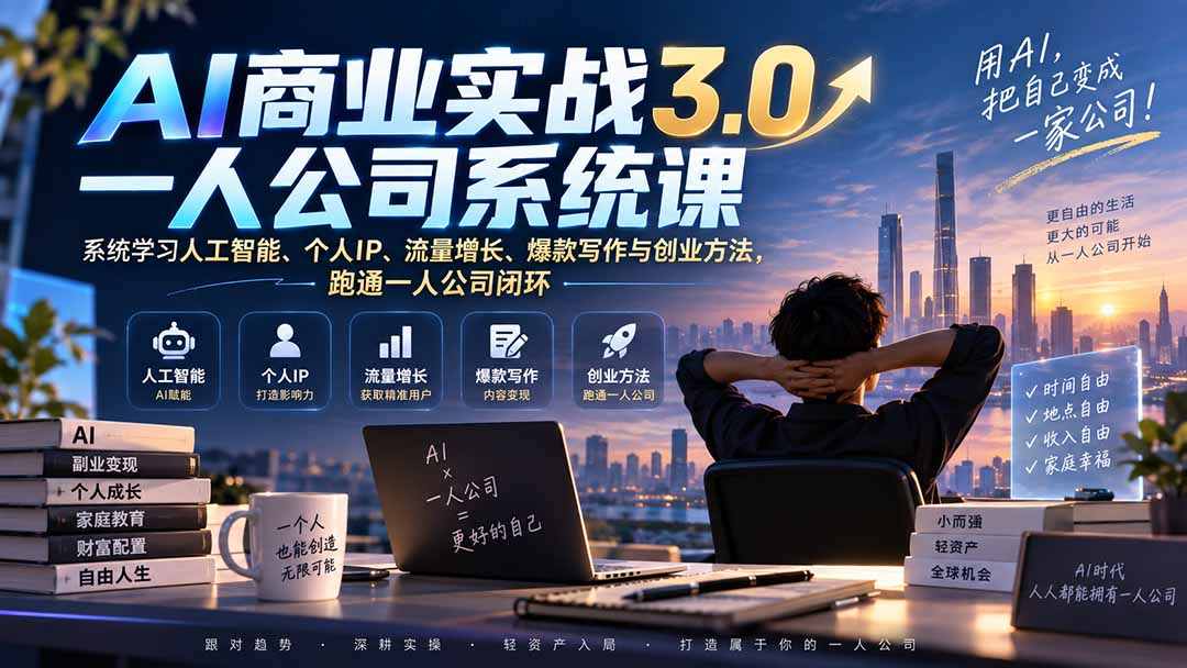 AI商业实战3.0一人公司系统课：系统学习人工智能、个人IP、流量增长、爆款写作与创业方法，跑通一人公司闭环 - 87副业网