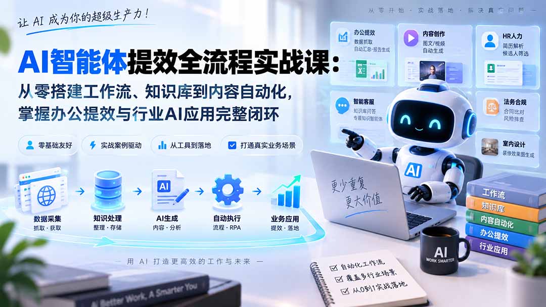 AI智能体提效全流程实战课：从零搭建工作流、知识库到内容自动化，掌握办公提效与行业AI应用完整闭环 - 87副业网