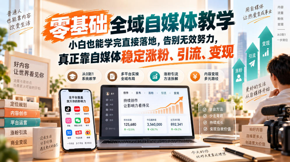 零基础全域自媒体教学，小白也能学完直接落地，告别无效努力，真正靠自媒体稳定涨粉、引流、变现 - 87副业网