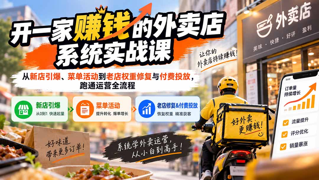 开一家赚钱的外卖店系统实战课：从新店引爆、菜单活动到老店权重修复与付费投放，跑通运营全流程 - 87副业网