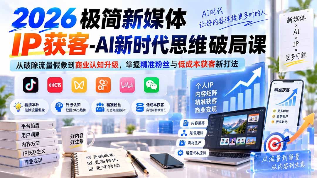 2026极简新媒体IP获客-AI新时代思维破局课：从破除流量假象到商业认知升级，掌握精准粉丝与低成本获客新打法-87副业网 - 互联网副业项目资源分享平台
