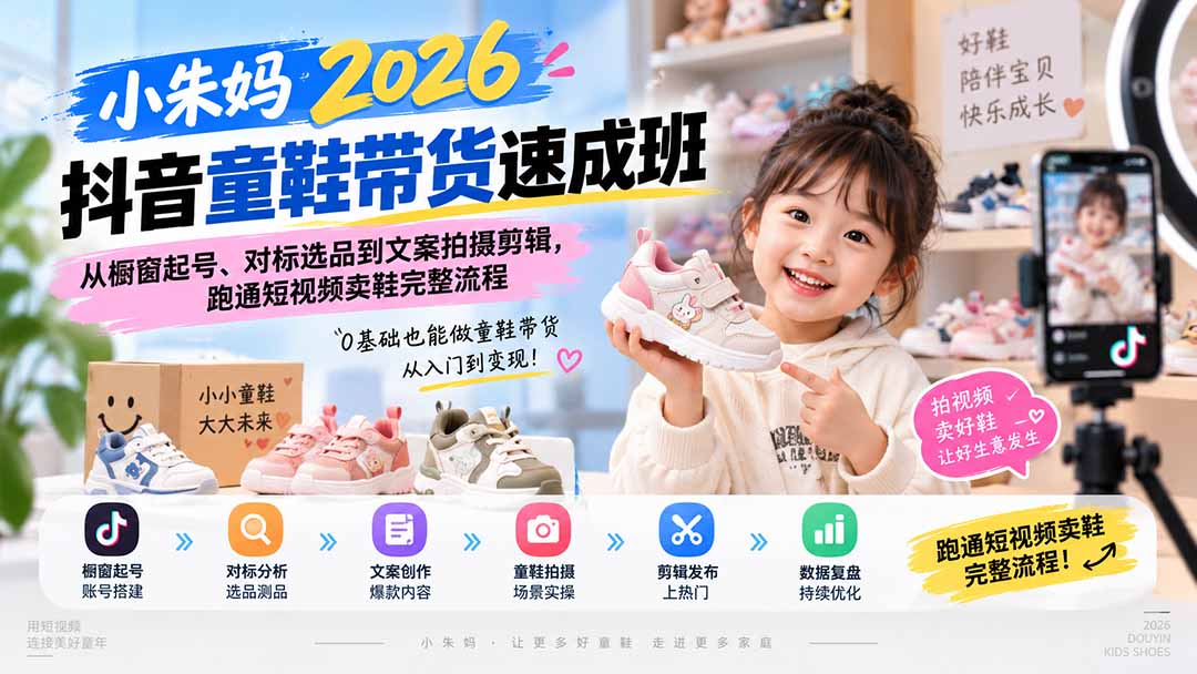 小朱妈2026抖音童鞋带货速成班：从橱窗起号、对标选品到文案拍摄剪辑，跑通短视频卖鞋完整流程 - 87副业网
