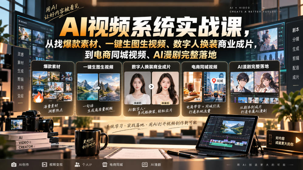 AI视频系统实战课，从找爆款素材、一键生图生视频、数字人换装商业成片，到电商同城视频、AI漫剧完整落地 - 87副业网
