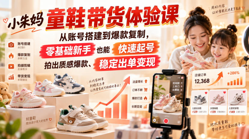 小朱妈童鞋带货体验课，从账号搭建到爆款复制，零基础新手也能快速起号、拍出质感爆款、稳定出单变现 - 87副业网