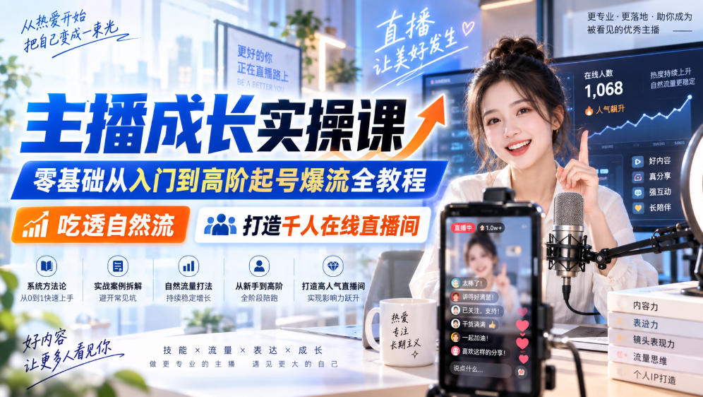 主播成长实操课|零基础从入门到高阶起号爆流全教程,吃透自然流,打造千人在线直播间-87副业网 - 互联网副业项目资源分享平台