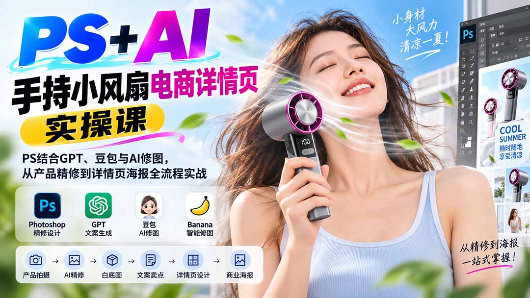 PS+AI手持小风扇电商详情页实操课：PS结合GPT、豆包与AI修图，从产品精修到详情页海报全流程实战 - 87副业网