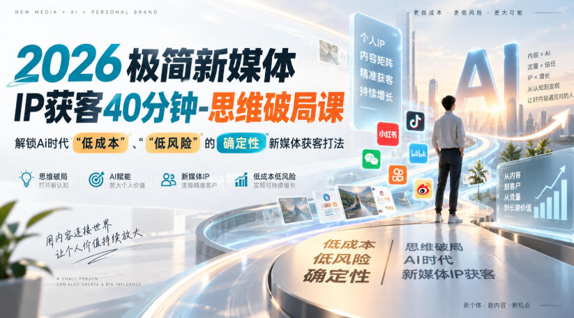2026极简新媒体IP获客40分钟-思维破局课，解锁Ai时代“低成本”、“低风险”的确定性新媒体获客打法 - 87副业网