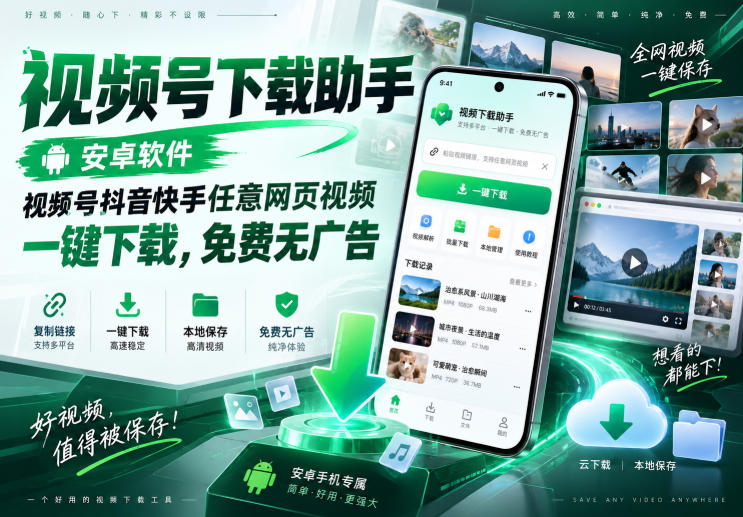 视频号下载助手，安卓软件，视频号抖音快手任意网页视频，一键下载，免费无广告 - 87副业网