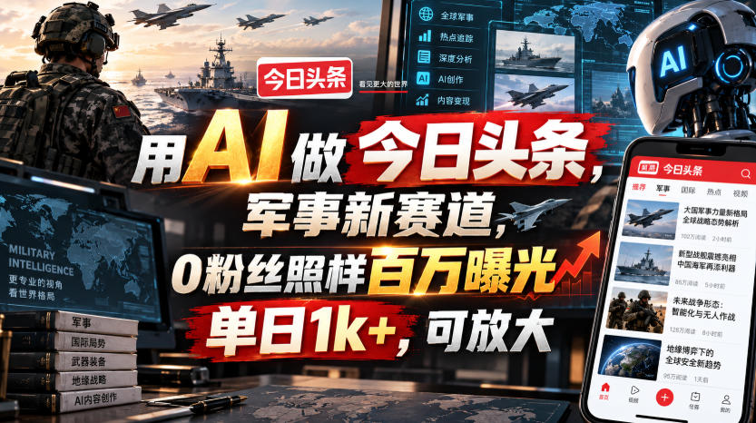 用AI做今日头条，军事新赛道，0粉丝照样百万曝光，单日1k+，可放大 - 87副业网