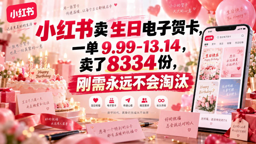 小红书卖生日电子贺卡，一单9.99-13.14，卖了8334份，刚需永远不会淘汰-87副业网 - 互联网副业项目资源分享平台