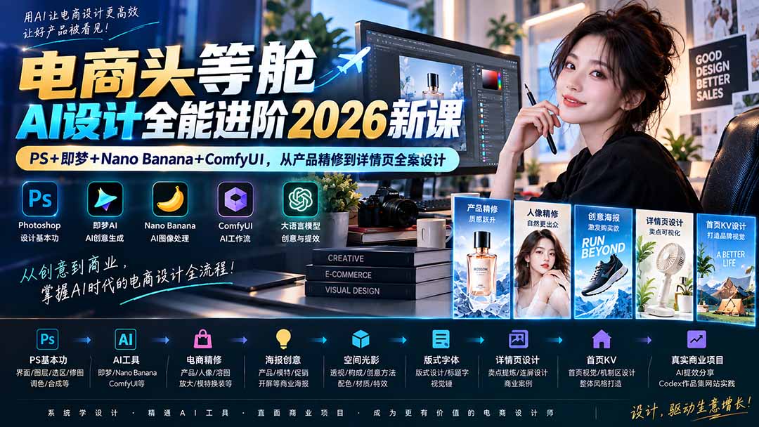 电商头等舱AI设计全能进阶2026新课：PS+即梦+Nano Banana+ComfyUI，从产品精修到详情页全案设计 - 87副业网