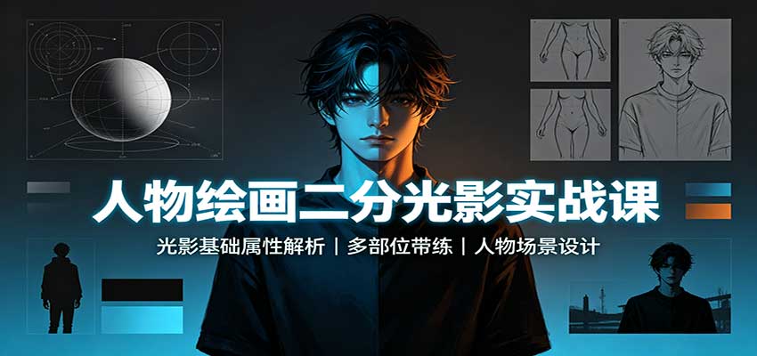 人物绘画二分光影实战课：光影基础属性解析，多部位带练，人物场景设计-87副业网 - 互联网副业项目资源分享平台