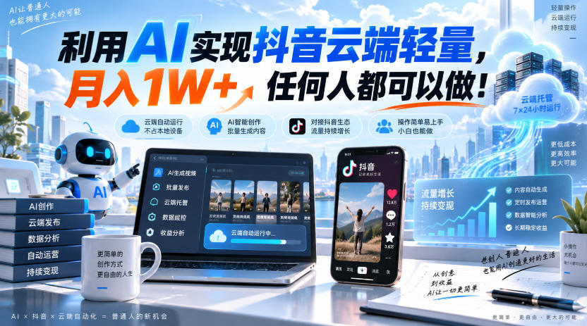 利用AI实现抖音云端轻量，月入1W+，任何人都可以做！【揭秘】 - 87副业网