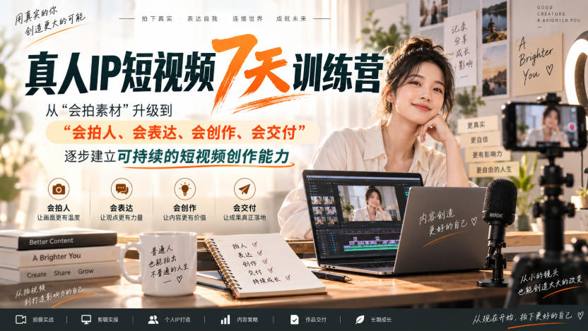 真人IP短视频7天训练营，从“会拍素材”升级到“会拍人、会表达、会创作、会交付”，逐步建立可持续的短视频创作能力 - 87副业网