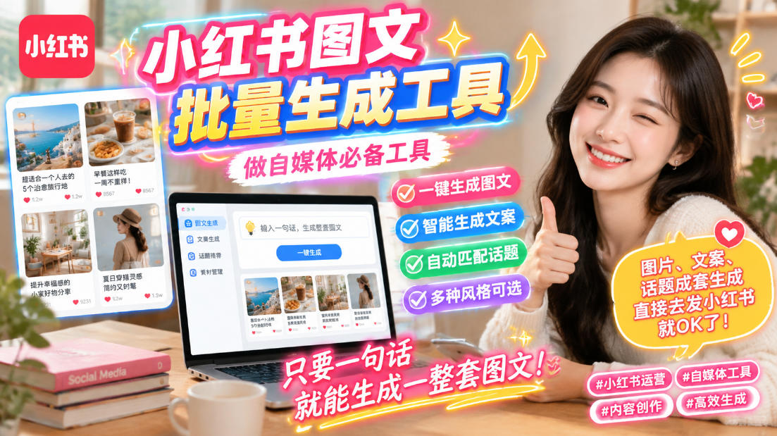小红书图文批量生成工具，话题、文案、配图一键生成，直接发布，做自媒体必备工具 - 87副业网