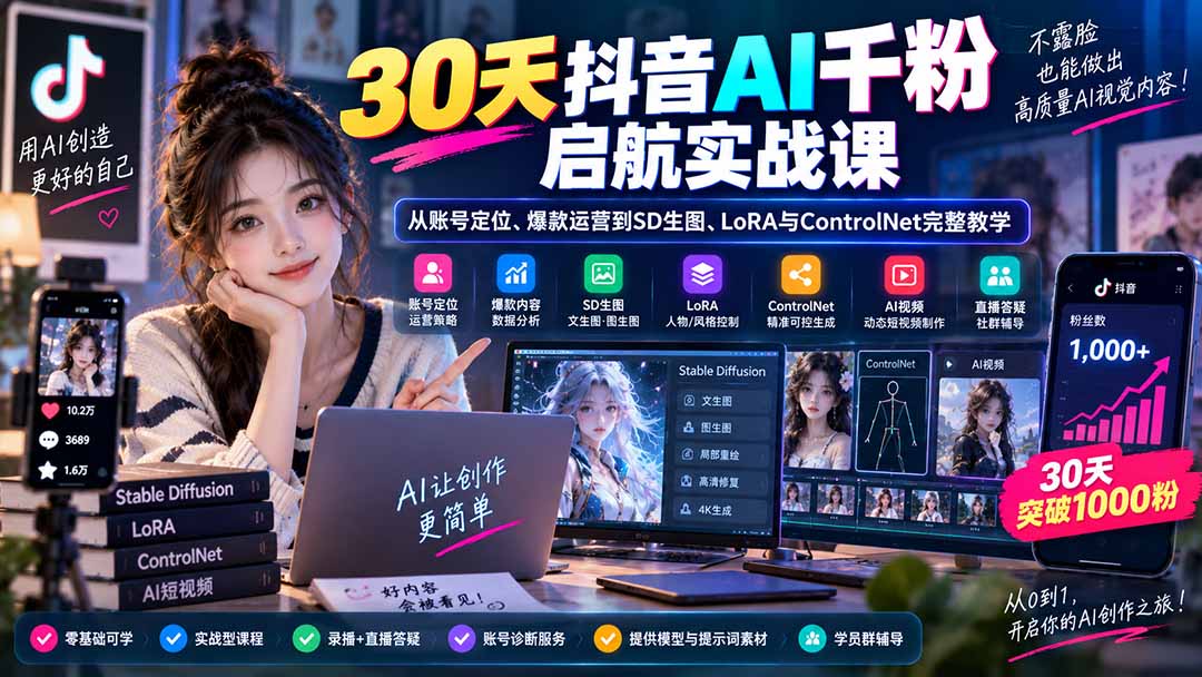 30天抖音AI千粉启航实战课:从账号定位、爆款运营到SD生图、LoRA与ControlNet完整教学-87副业网 - 互联网副业项目资源分享平台