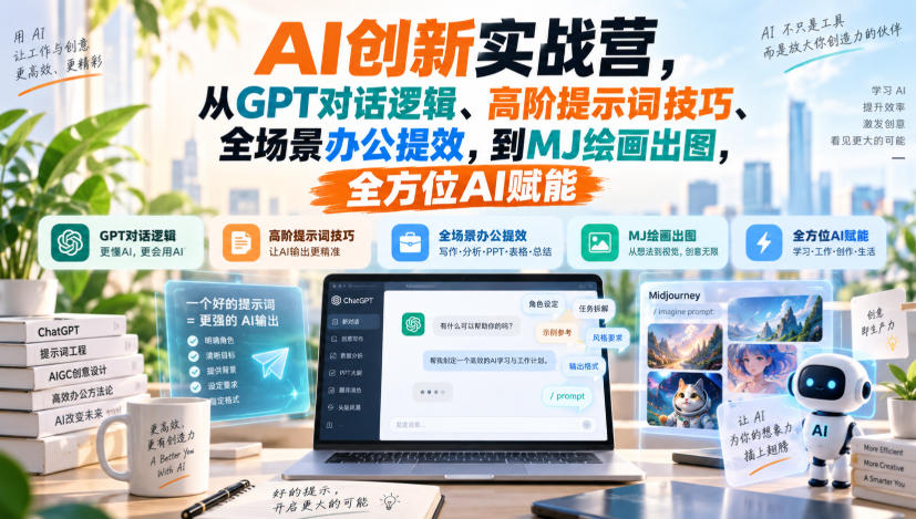 AI创新实战营，从GPT对话逻辑、高阶提示词技巧、全场景办公提效，到MJ绘画出图，全方位AI赋能 - 87副业网