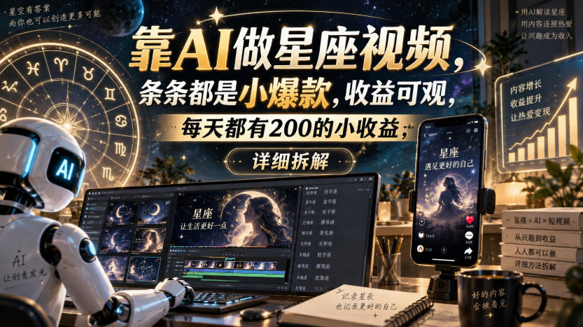 靠AI做星座视频，条条都是小爆款，收益可观，每天都有200的小收益，详细拆解 - 87副业网