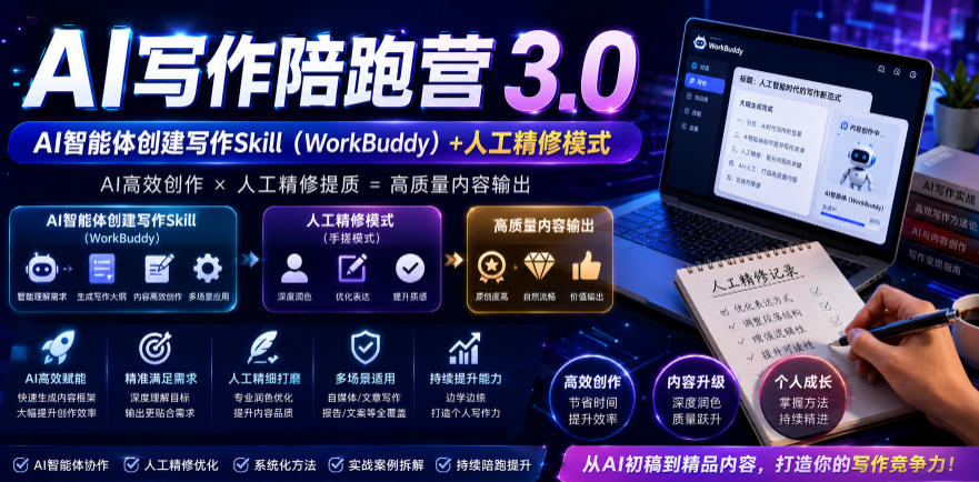 AI写作陪跑营3.0，Ai智能体创建写作skill(workbuddy)+人工手写模式(手搓模式)，去除AI痕迹(头条号、公众号、百家号)(更新0907) - 87副业网