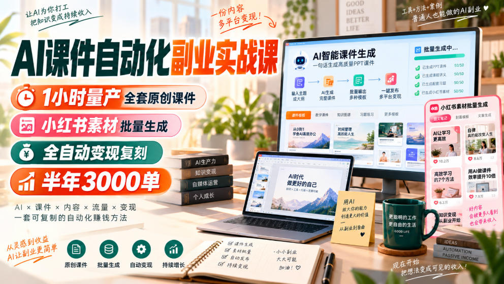 AI课件自动化副业实战课，1小时量产全套原创课件，小红书素材批量生成，全自动变现复刻，半年3000单-87副业网 - 互联网副业项目资源分享平台