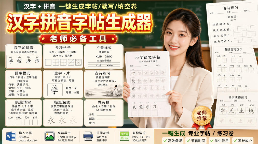 学习神器，汉字拼音字帖生成器，汉字+拼音 一键生成字帖/默写/填空卷，支持词组、成语，老师、家长必备 - 87副业网