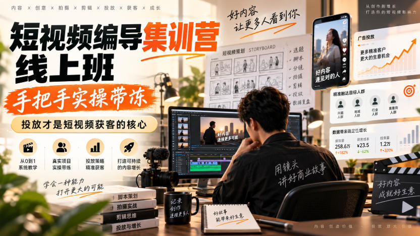 短视频编导集训营线上班，手把手实操带冻，投放才是短视频获客的核心 - 87副业网