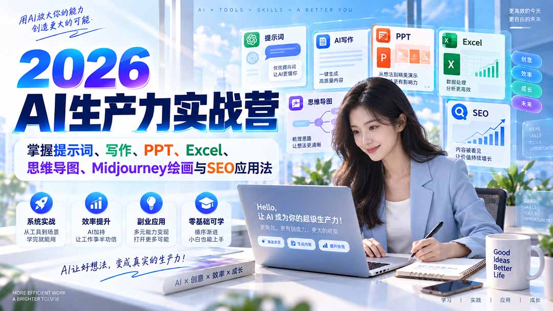 2026AI生产力实战营:掌握提示词、写作、PPT、Excel、思维导图、Midjourney绘画与SEO应用法-87副业网 - 互联网副业项目资源分享平台